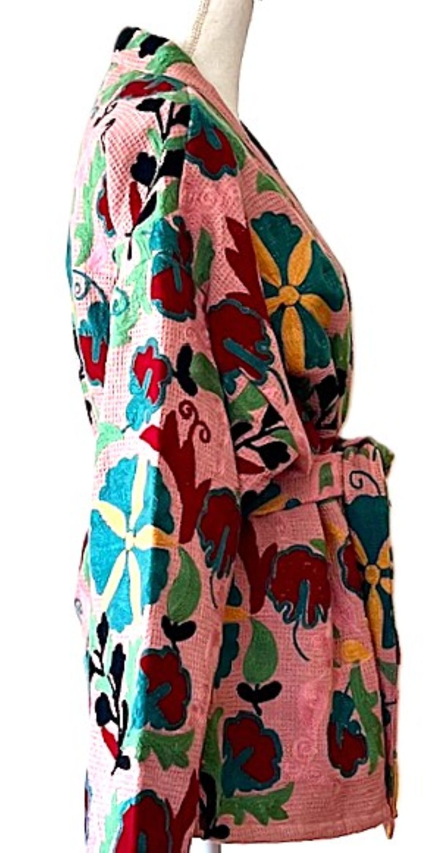 Short Kimono Jacket In Textured Waffle Cotton. Hand Embroidered Suzani Stitching.