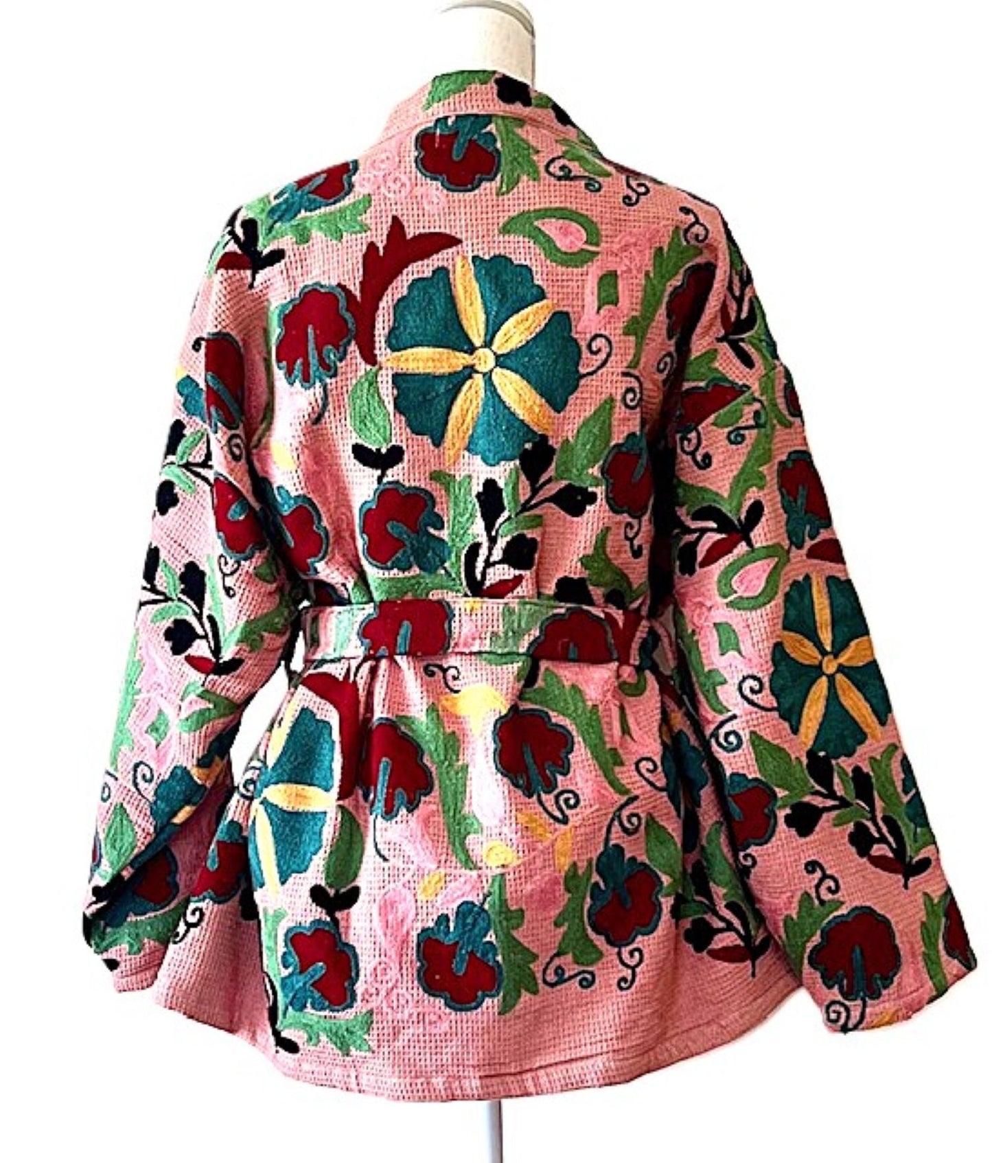 Short Kimono Jacket In Textured Waffle Cotton. Hand Embroidered Suzani Stitching.