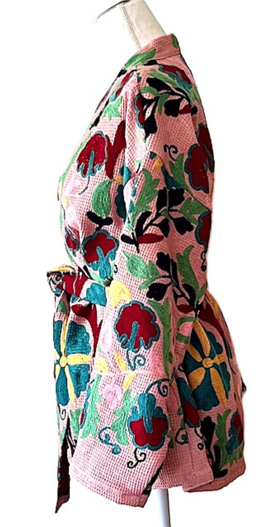 Short Kimono Jacket In Textured Waffle Cotton. Hand Embroidered Suzani Stitching.