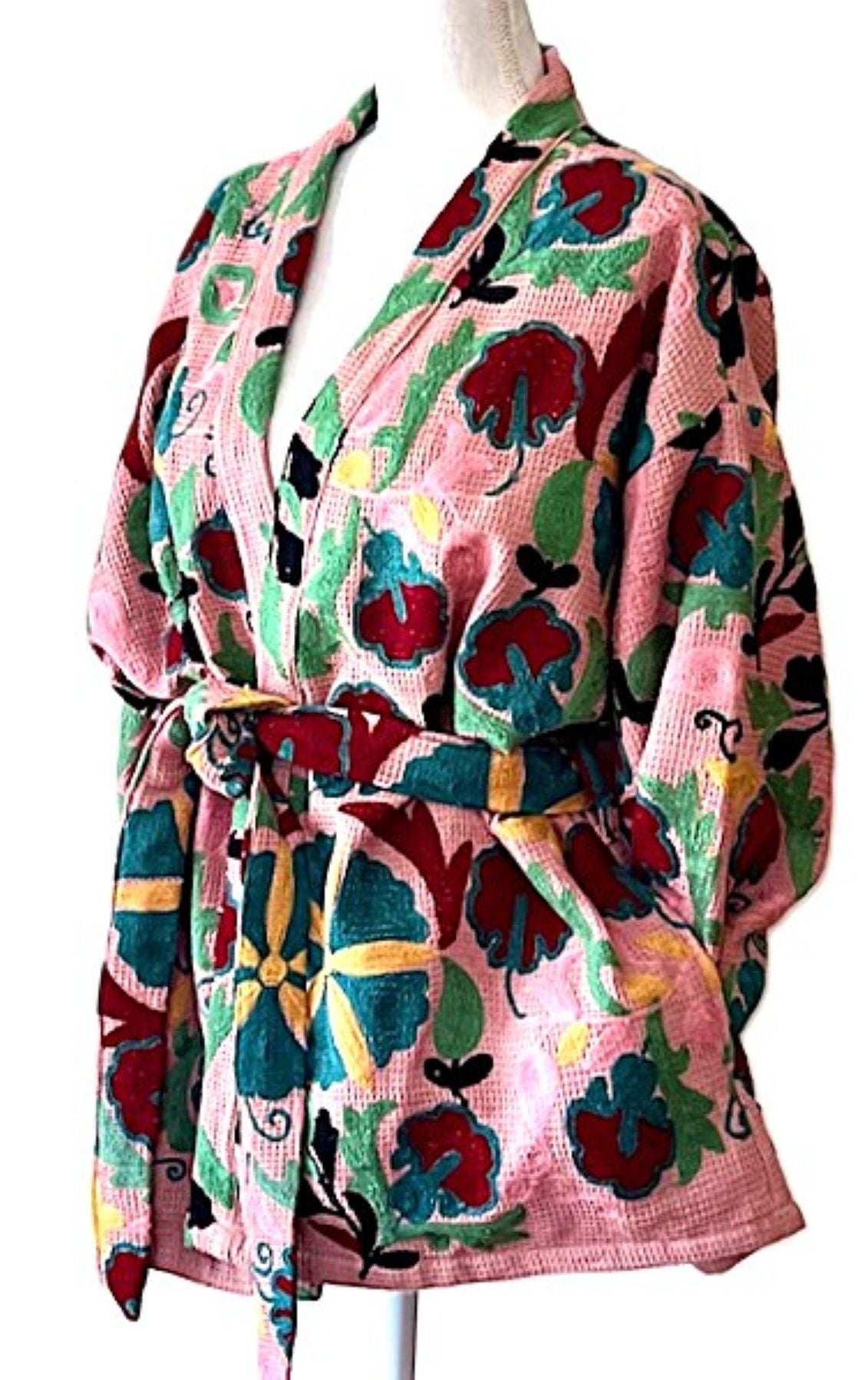 Short Kimono Jacket In Textured Waffle Cotton. Hand Embroidered Suzani Stitching.