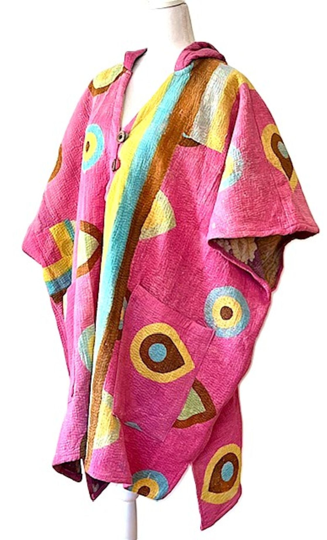 Kantha Bae Peace and Love Poncho, Versatile (Abstract Pink)
