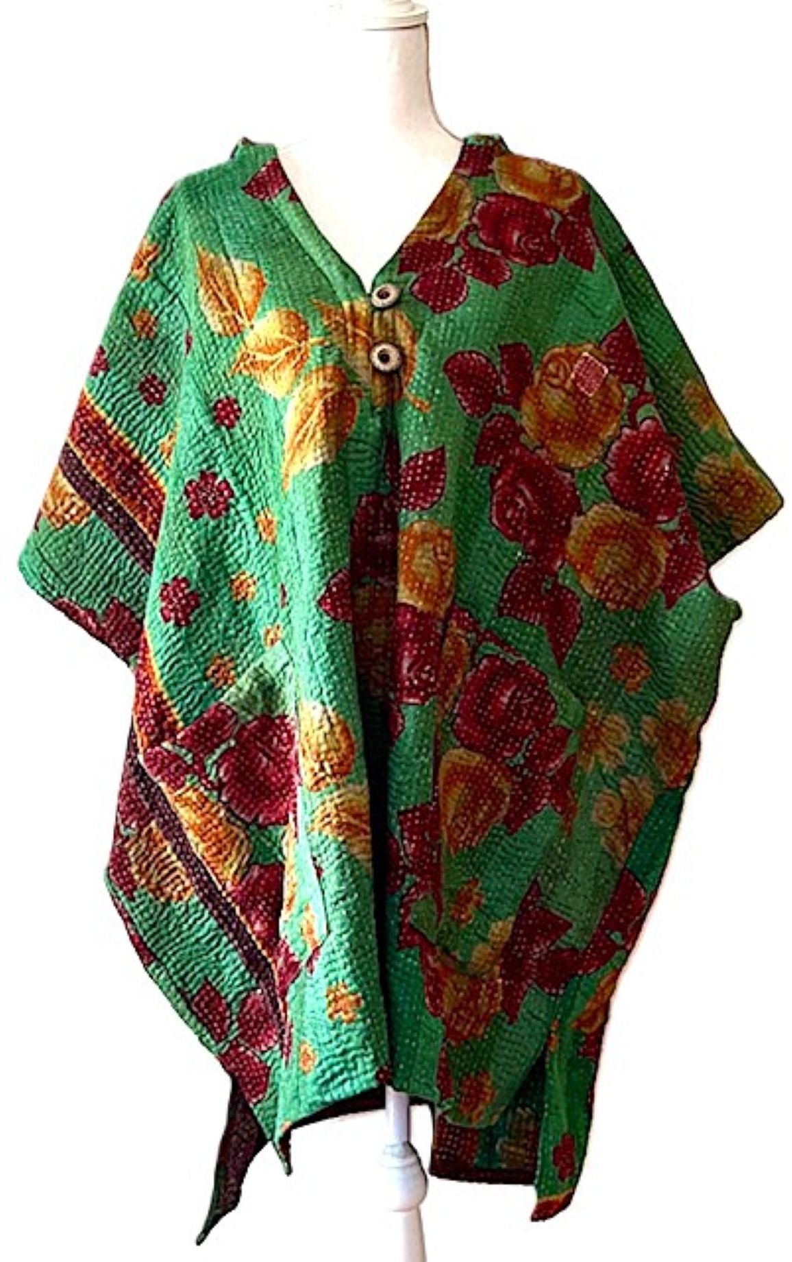 Kantha Bae Peace and Love Poncho, Versatile (Green Floral)