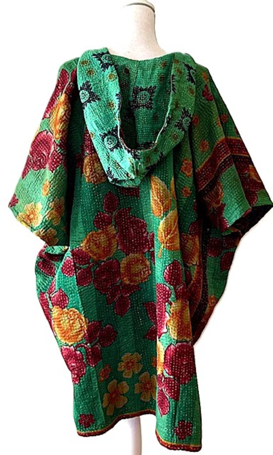 Kantha Bae Peace and Love Poncho, Versatile (Green Floral)