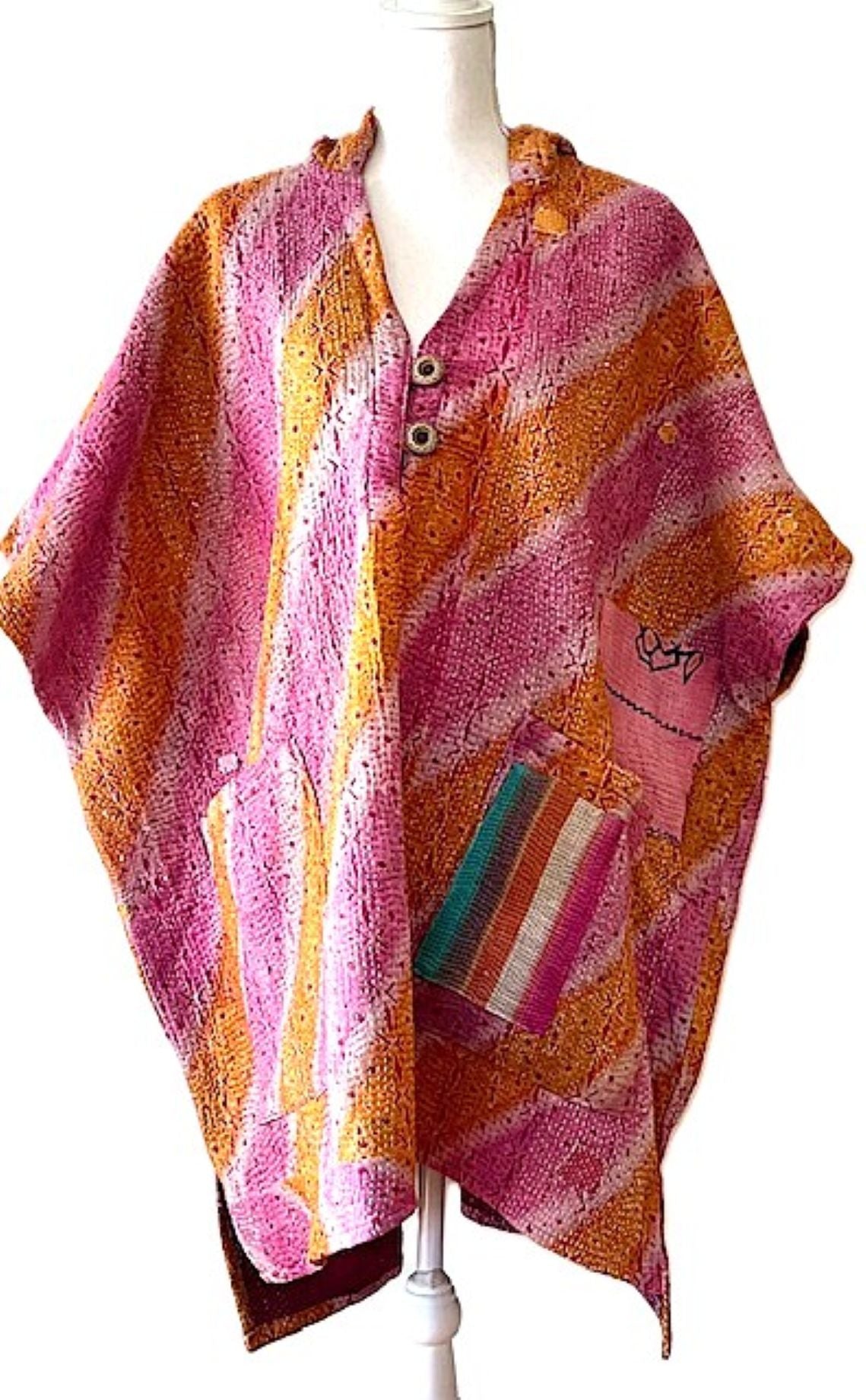 Kantha Bae Peace and Love Poncho, Versatile (Pink Stripe)