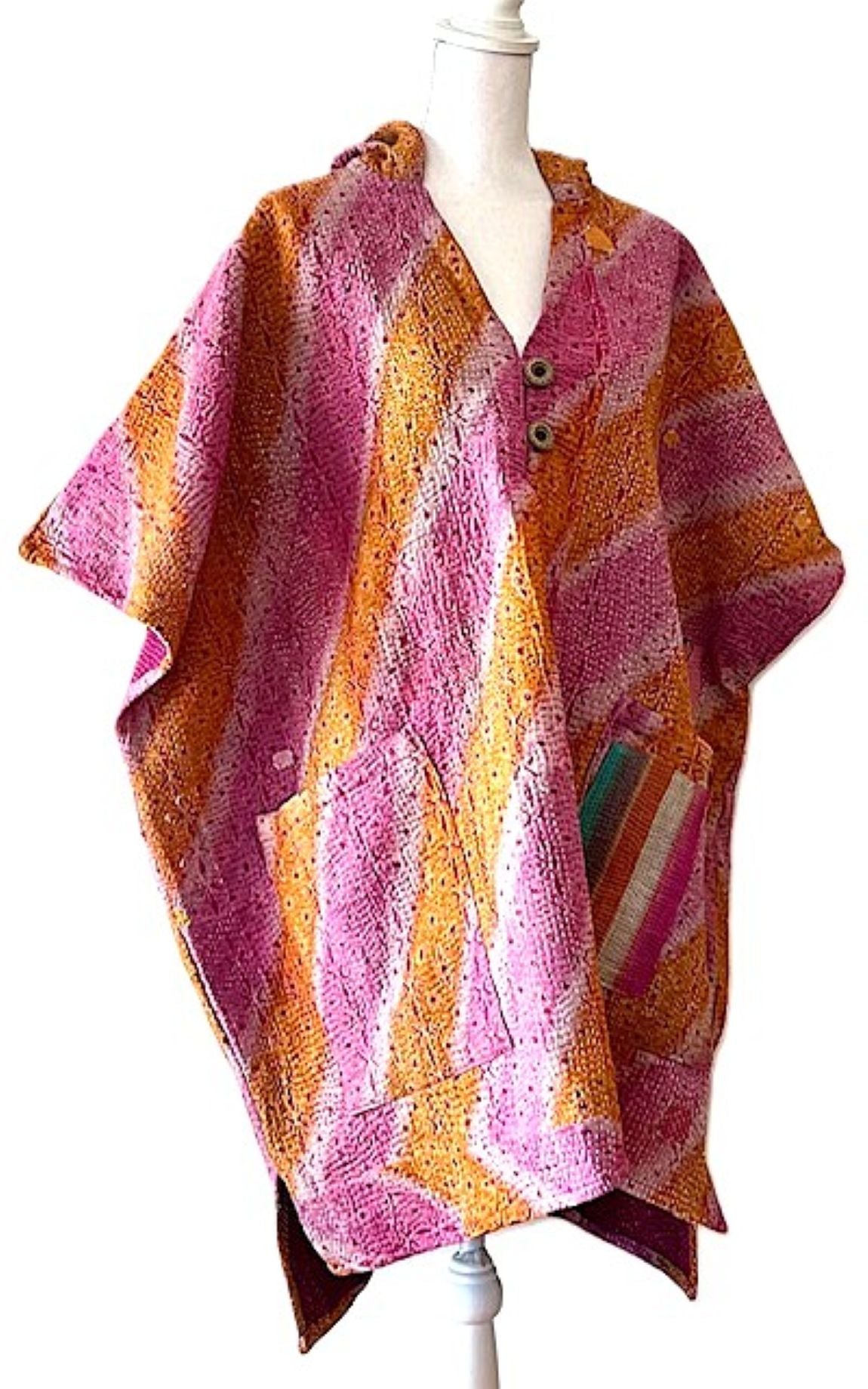 Kantha Bae Peace and Love Poncho, Versatile (Pink Stripe)