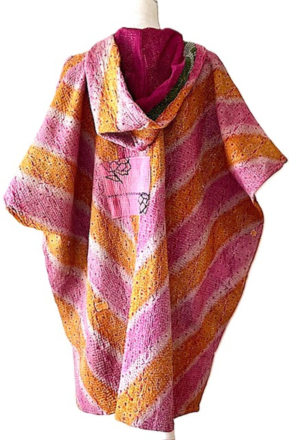 Kantha Bae Peace and Love Poncho, Versatile (Pink Stripe)