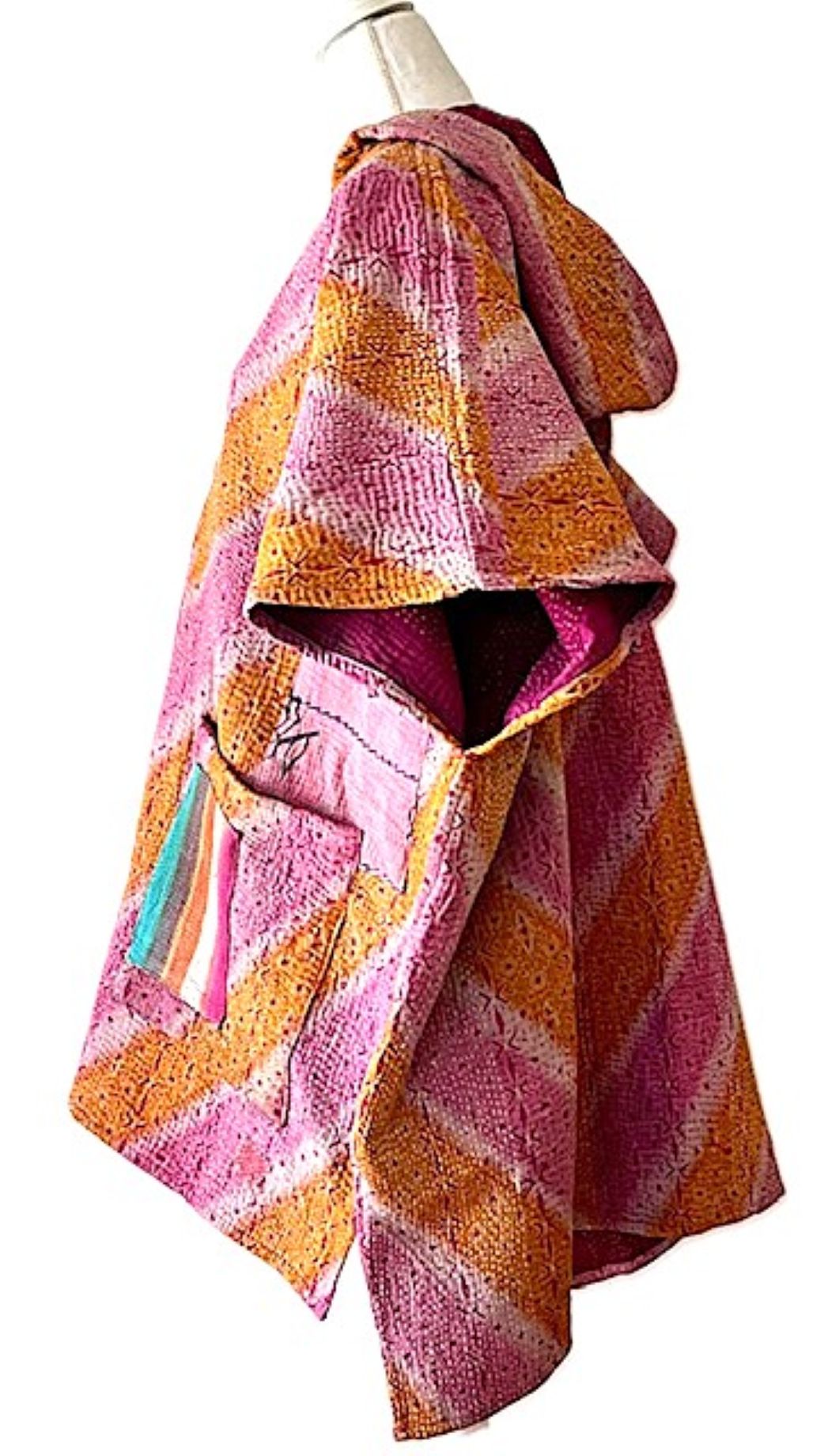 Kantha Bae Peace and Love Poncho, Versatile (Pink Stripe)