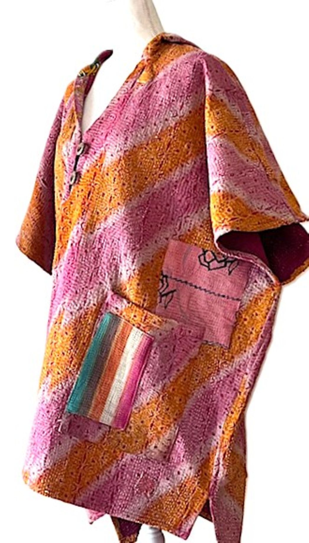 Kantha Bae Peace and Love Poncho, Versatile (Pink Stripe)