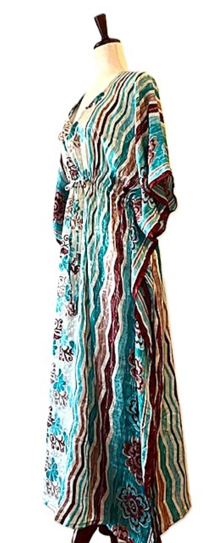 Handmade Silk Caftan: Long Floral And Stripe Float With A Drawstring Waist. Stunning
