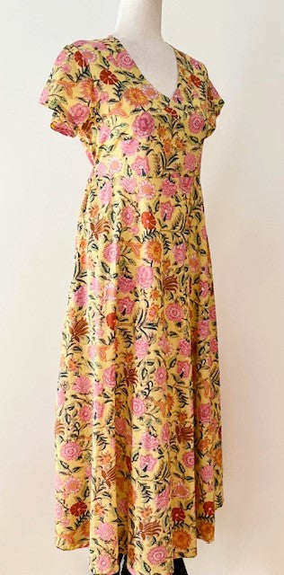 Midi Block Print Cotton Dress Has An Element of Elegance (Yellow)