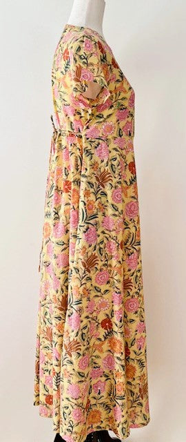 Midi Block Print Cotton Dress Has An Element of Elegance (Yellow)