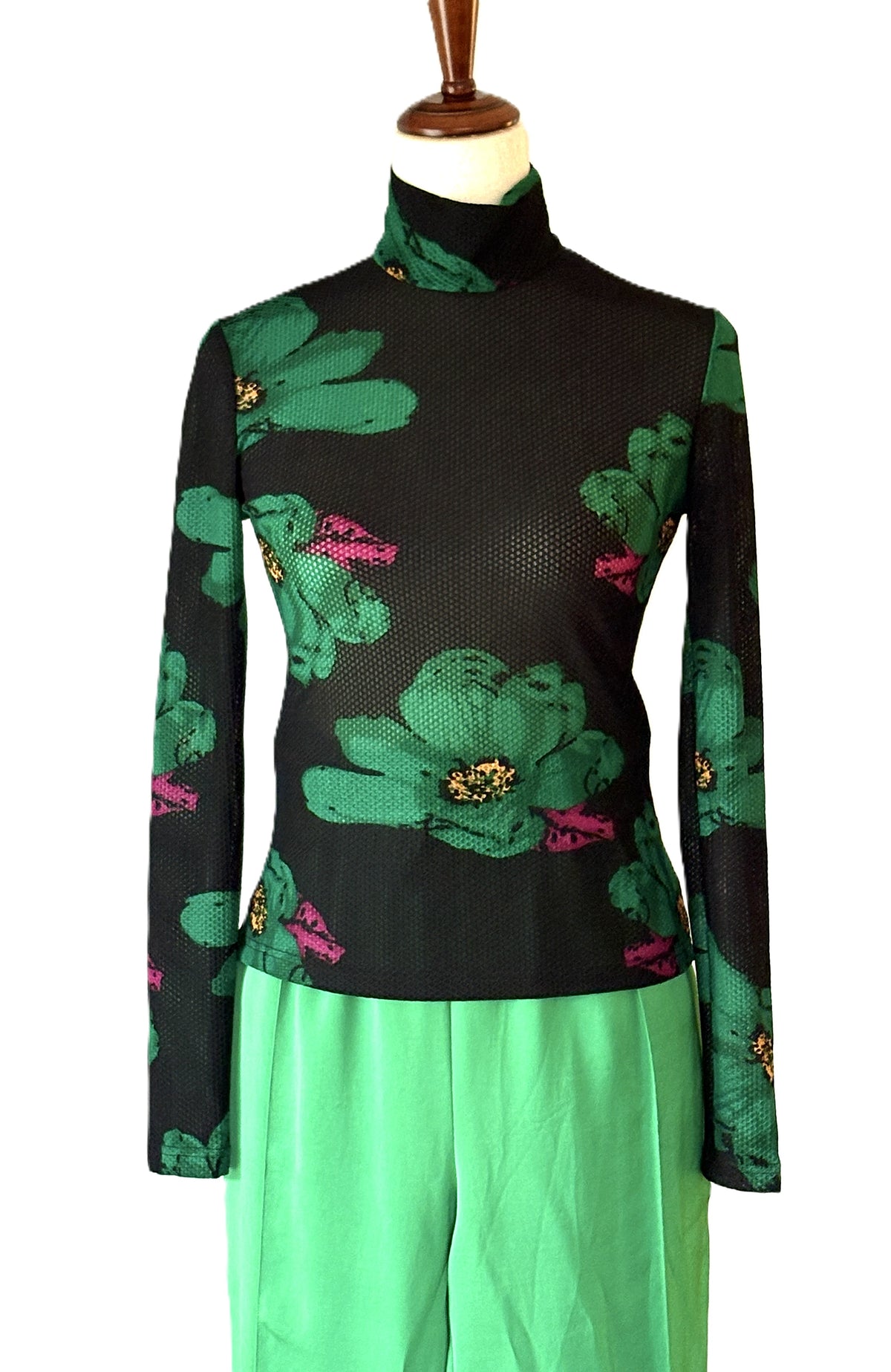 Tops: Floral-Print Mesh Long-Sleeve Top (Black)