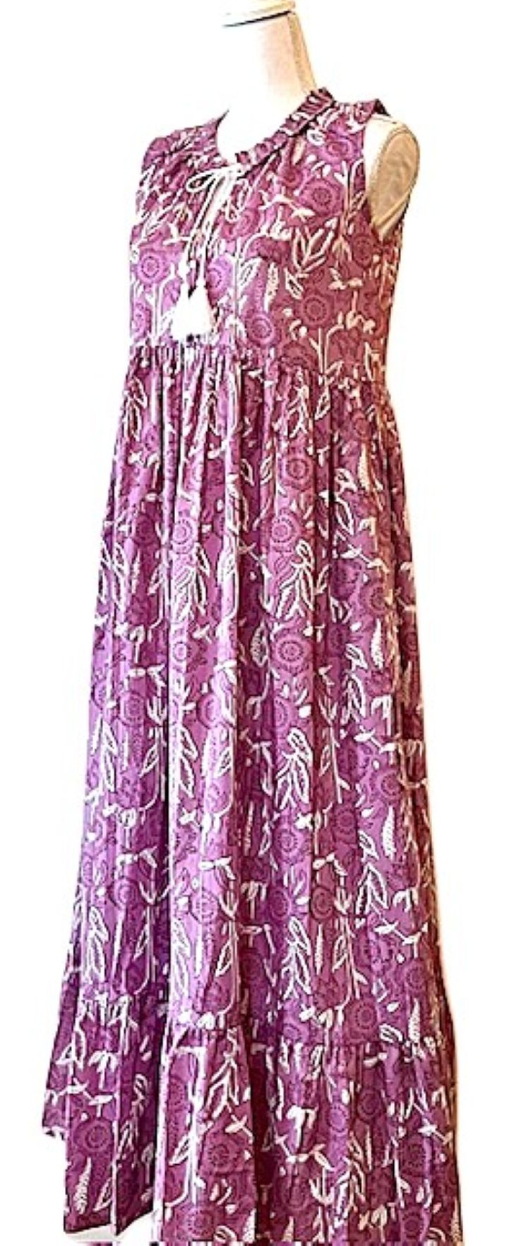 Tiered Sleeveless Hand Printed Maxi Dress (Lilac)