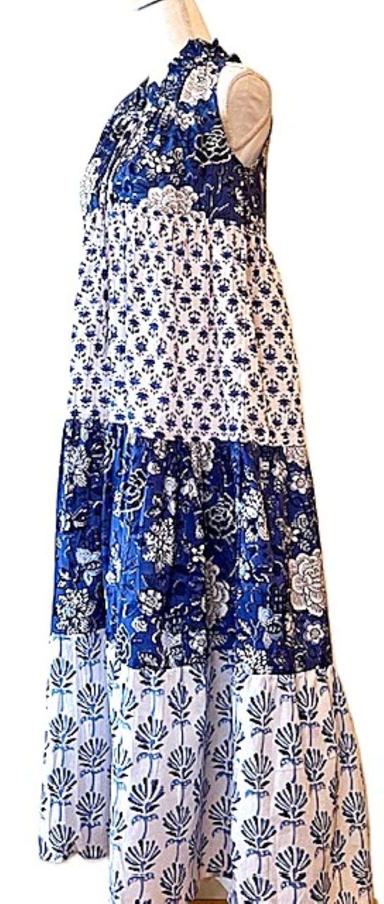 Tiered Sleeveless Mixed Print Maxi Dress ( Navy )
