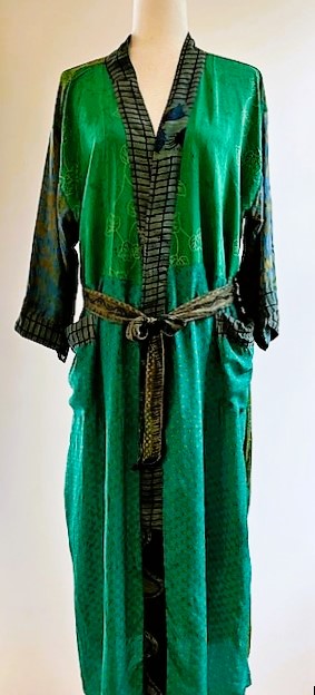 Luxury Silk Kimono Duster Dress:  Dramatic Mixed Print (Emerald)