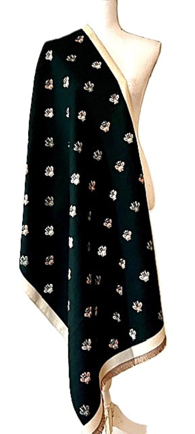 Cream and Black Bees Reversible Wrap – Artisan Shawl.