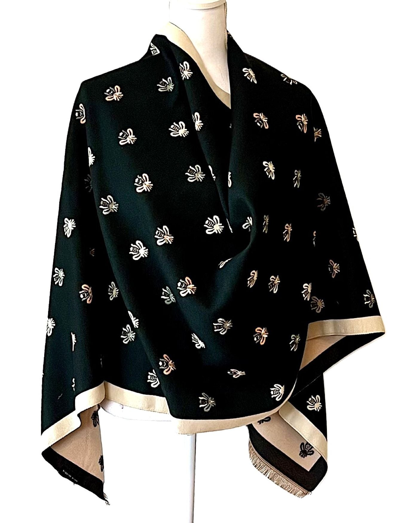 Cream and Black Bees Reversible Wrap – Artisan Shawl.