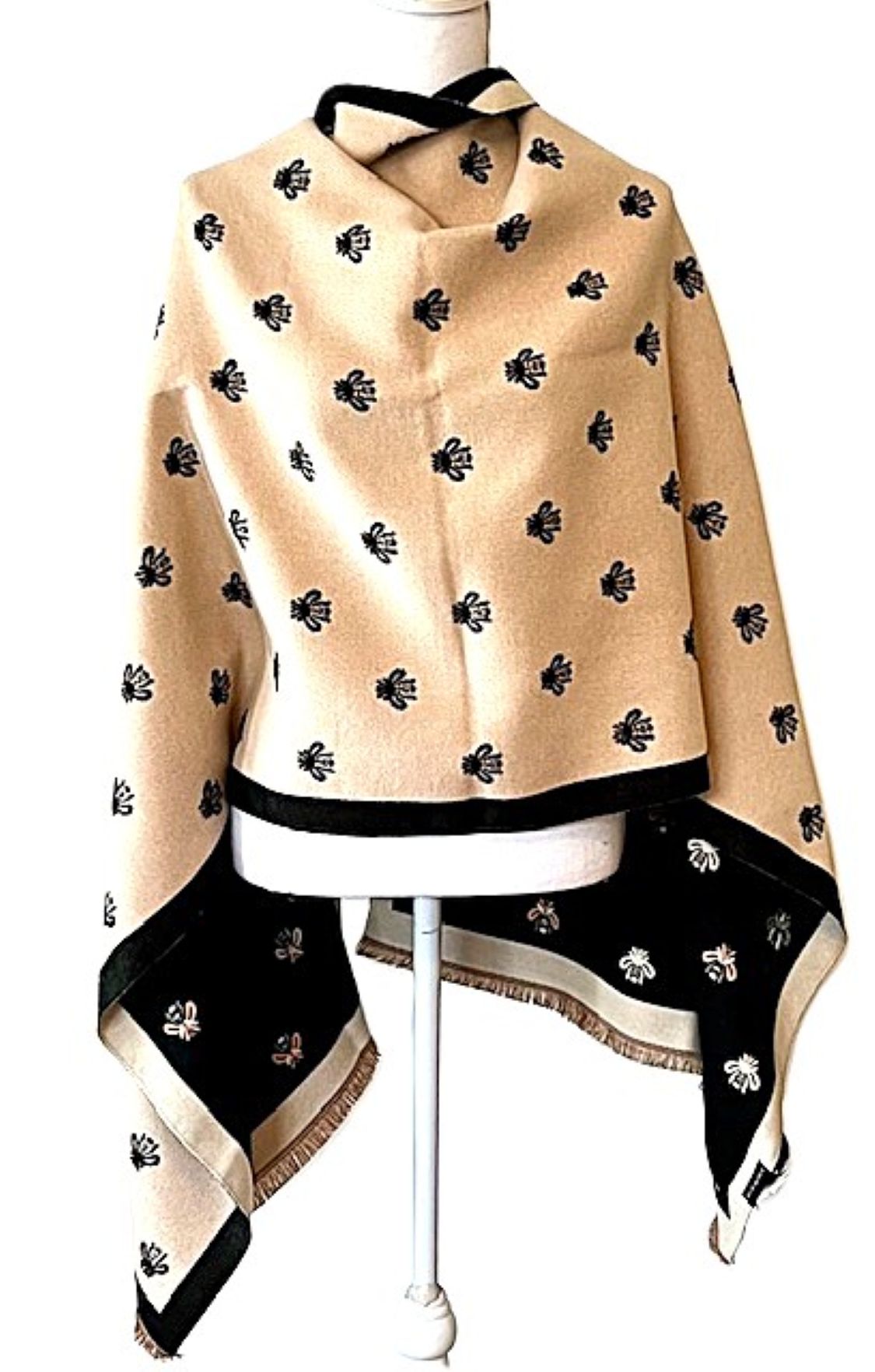 Cream and Black Bees Reversible Wrap – Artisan Shawl.