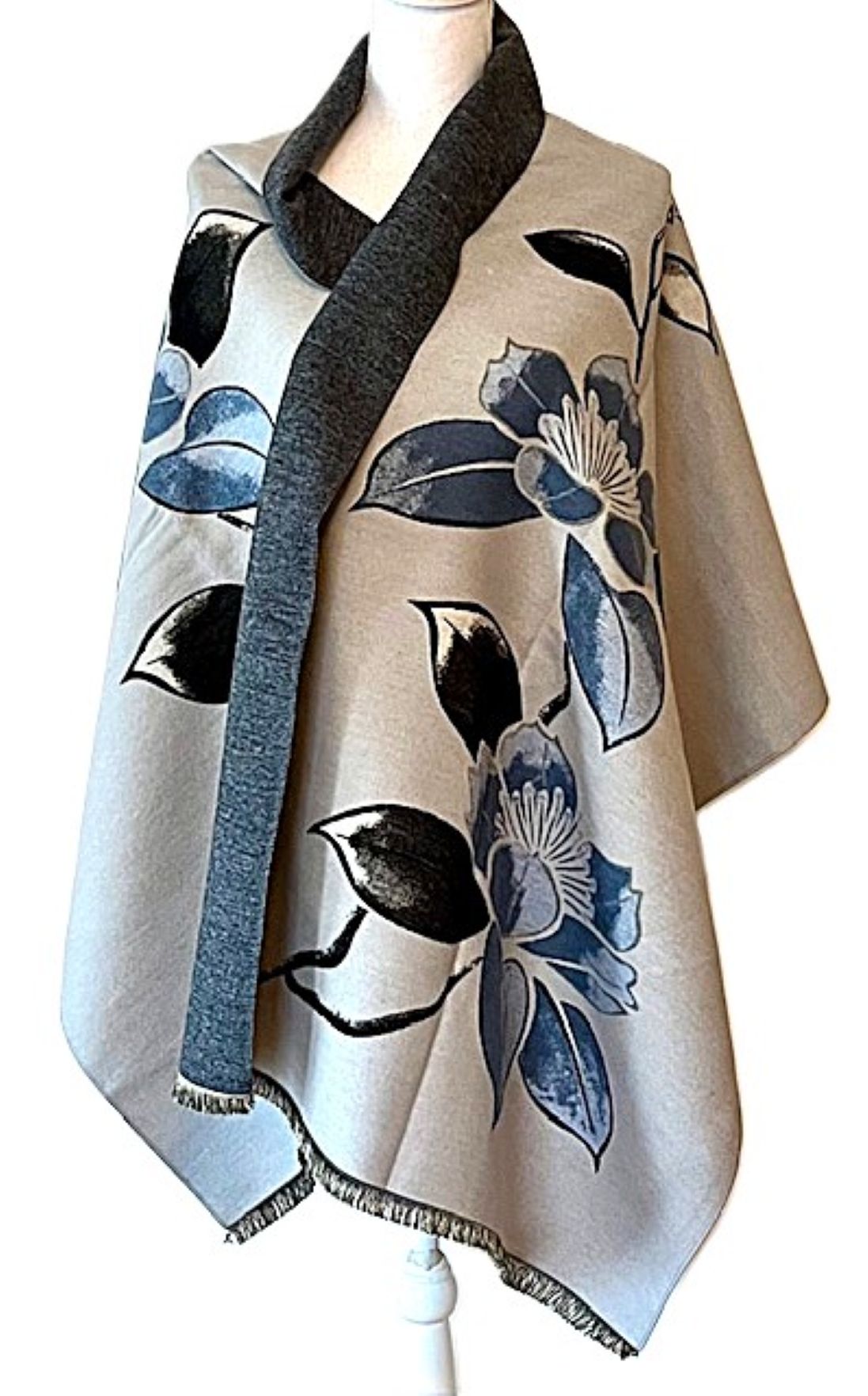 Blue Orchids Reversible Wrap – Artisan Shawl.(Denim)