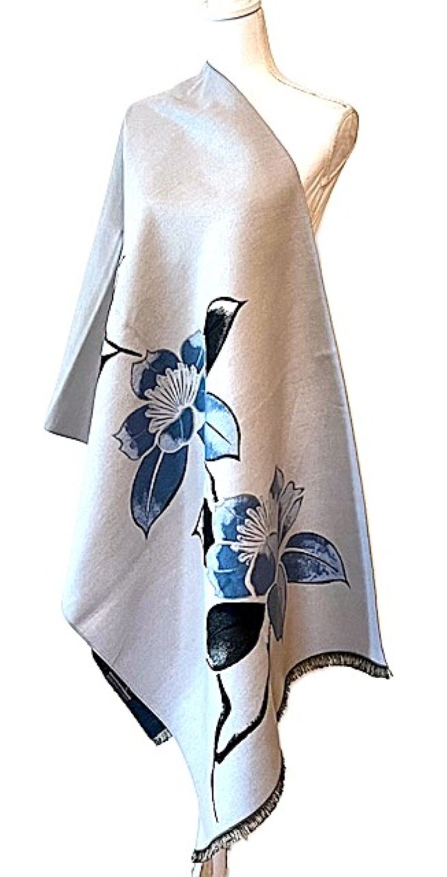 Blue Orchids Reversible Wrap – Artisan Shawl.(Denim)