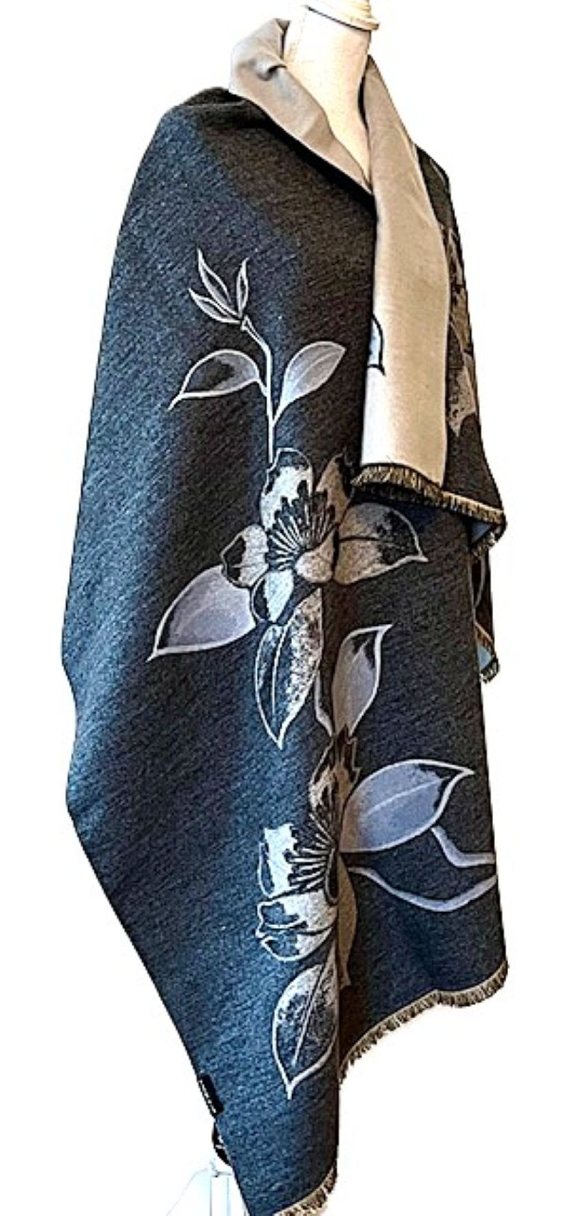 Blue Orchids Reversible Wrap – Artisan Shawl.(Denim)