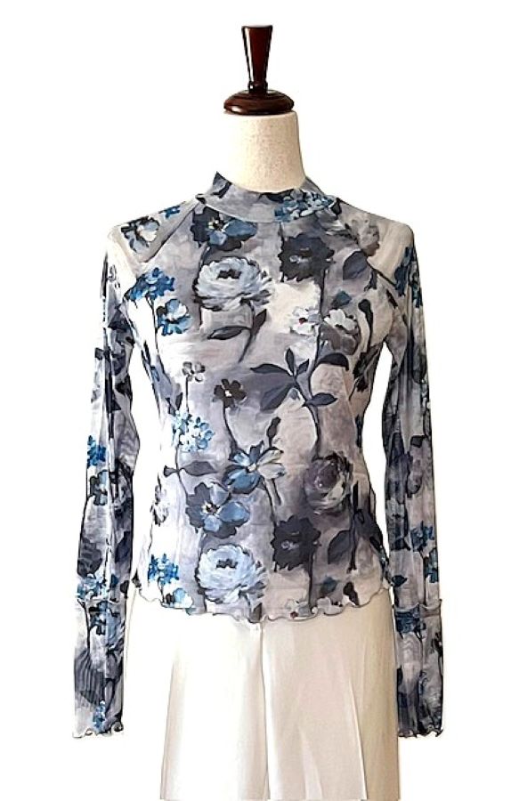 Tops: Floral-Print Lace Long-Sleeve Mock-Neck Shirt (Blue Floral)