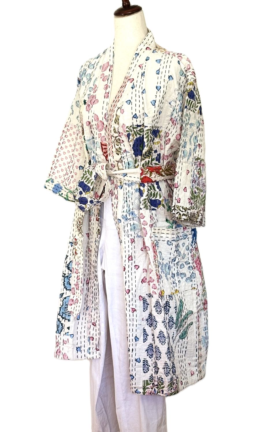 Long Patchwork Cotton Kimono With Kantha Embroidery. (White Multicolor)