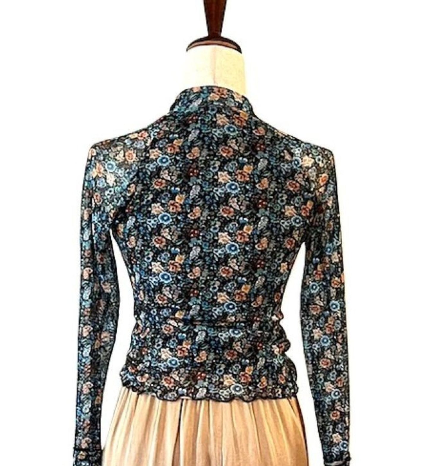 Tops: Floral-Print Lace Long-Sleeve Mock-Neck Shirt (Black Floral)