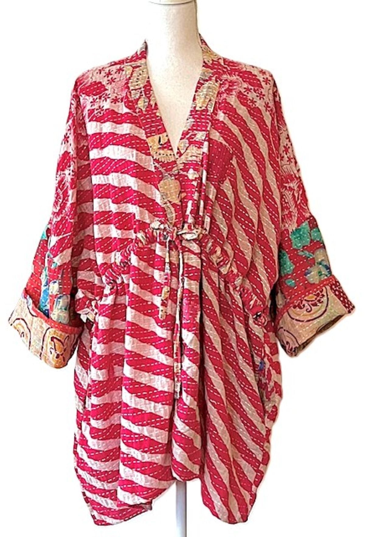 Kantha Bae Shortie Kimono (Pink Stripe)