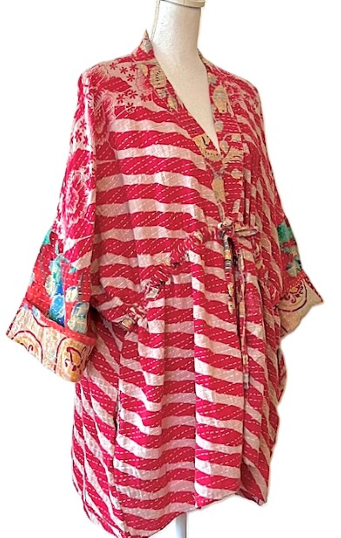 Kantha Bae Shortie Kimono (Pink Stripe)