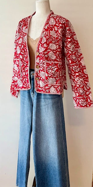 Luxe Cotton Quilted Womens Jacket, Red & White Floral