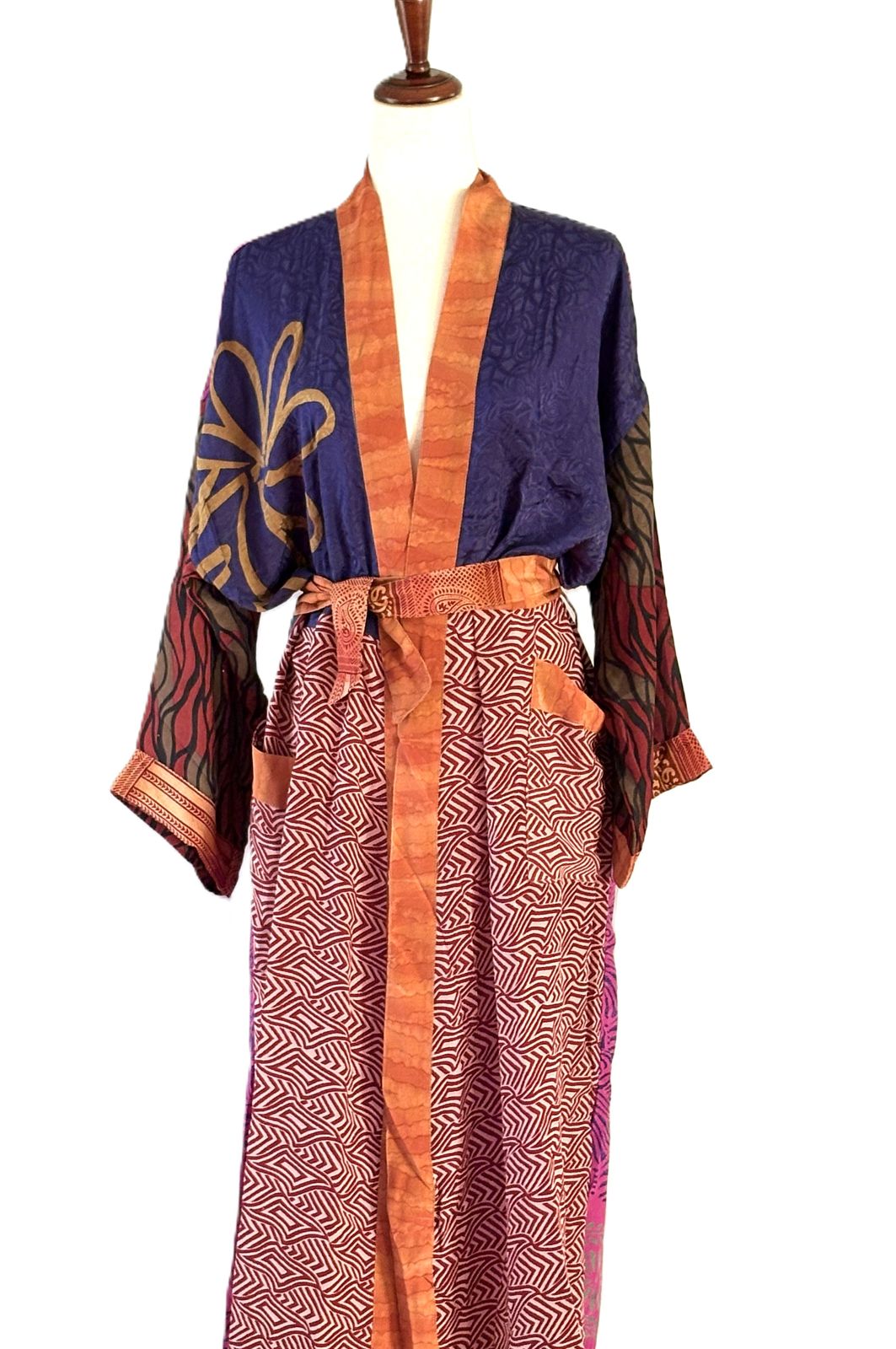 Long Silk Kimono Duster, Dramatic Two Tone And Elegant