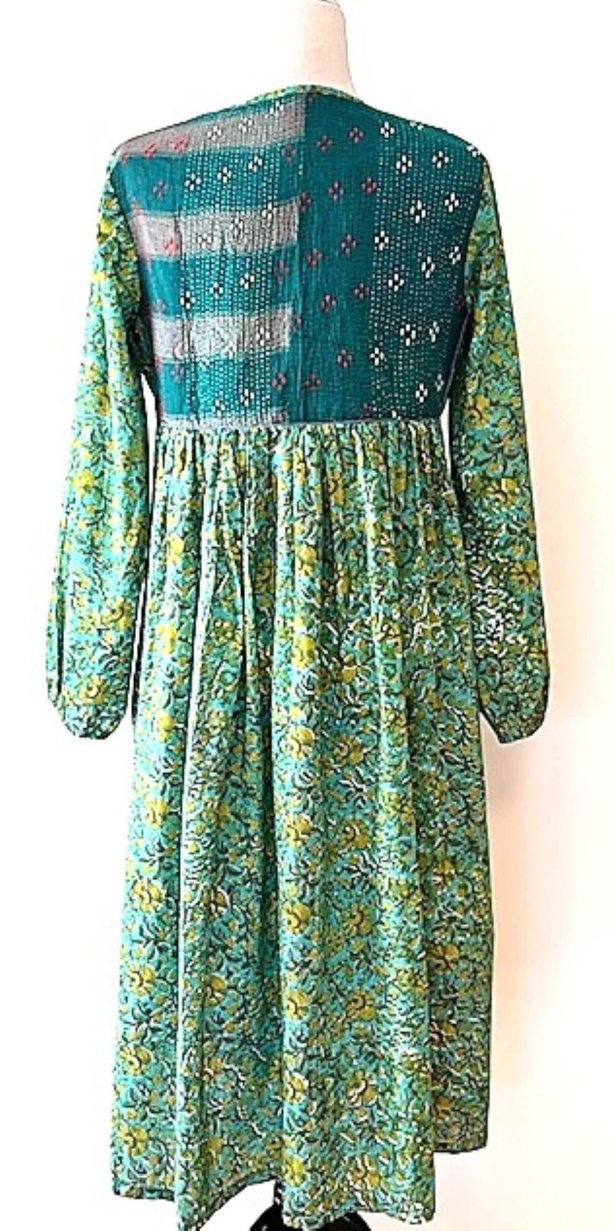 Embroidered Cotton Panel Dress Slims And Highlights The Figure (Emerald)