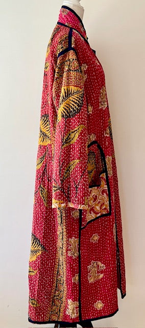 New Vintage Kantha Quilted Reversible Jacket, Red & Gold