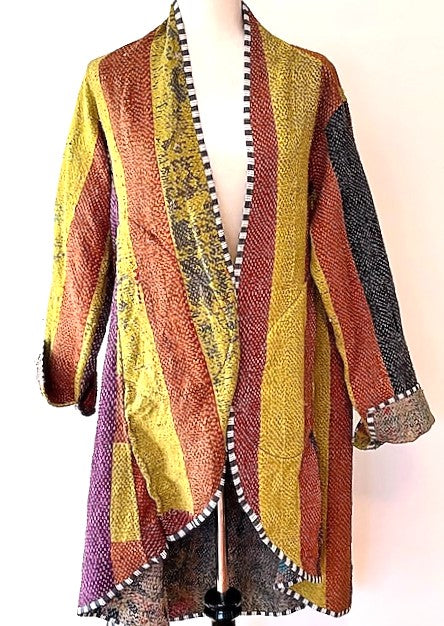 Specialty Collection: Mid Length Designer Jacket Is New and Fully Reversible. Kantha Stitching In Bold Stripes