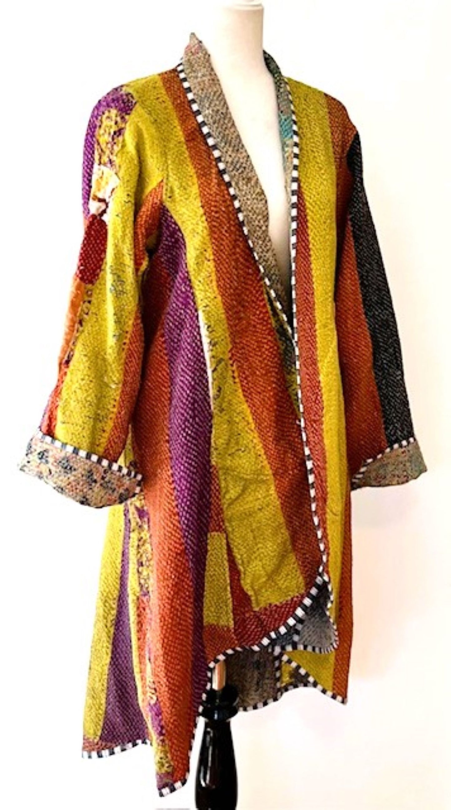 Specialty Collection: Mid Length Designer Jacket Is New and Fully Reversible. Kantha Stitching In Bold Stripes