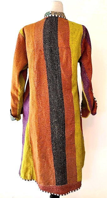 Specialty Collection: Mid Length Designer Jacket Is New and Fully Reversible. Kantha Stitching In Bold Stripes
