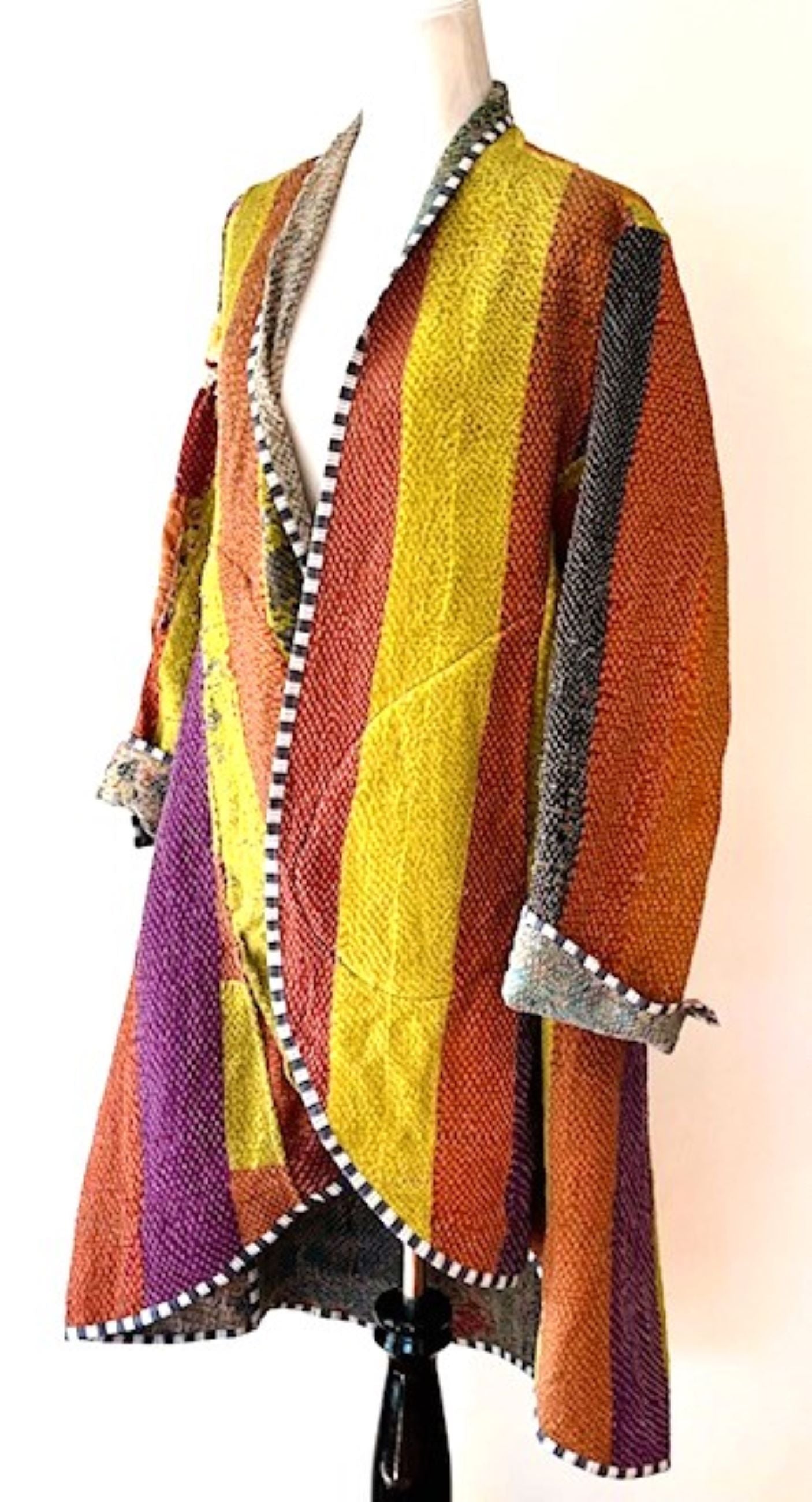Specialty Collection: Mid Length Designer Jacket Is New and Fully Reversible. Kantha Stitching In Bold Stripes