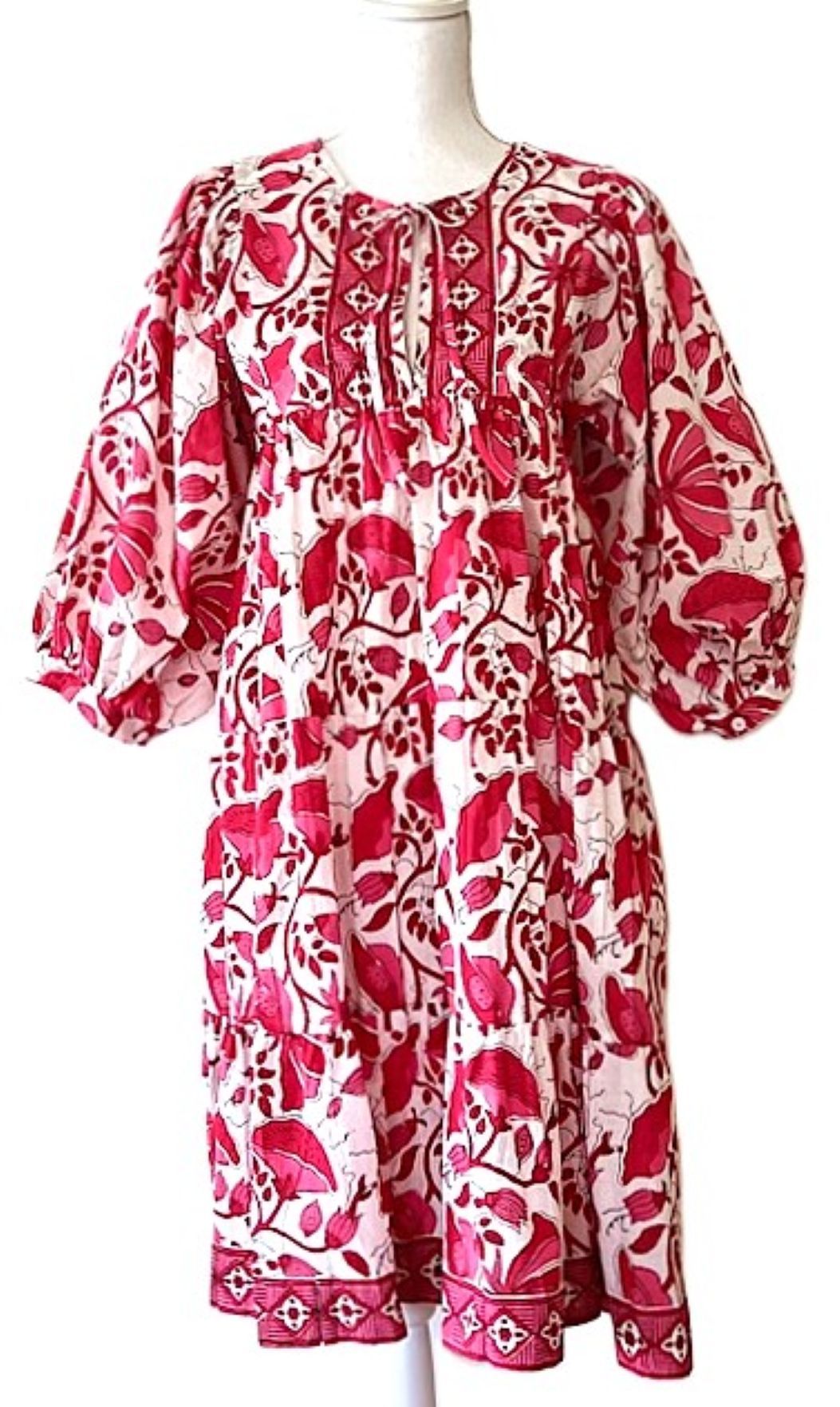 Beautiful Fresh Floral Block Print Cotton Short Dress (Pink)