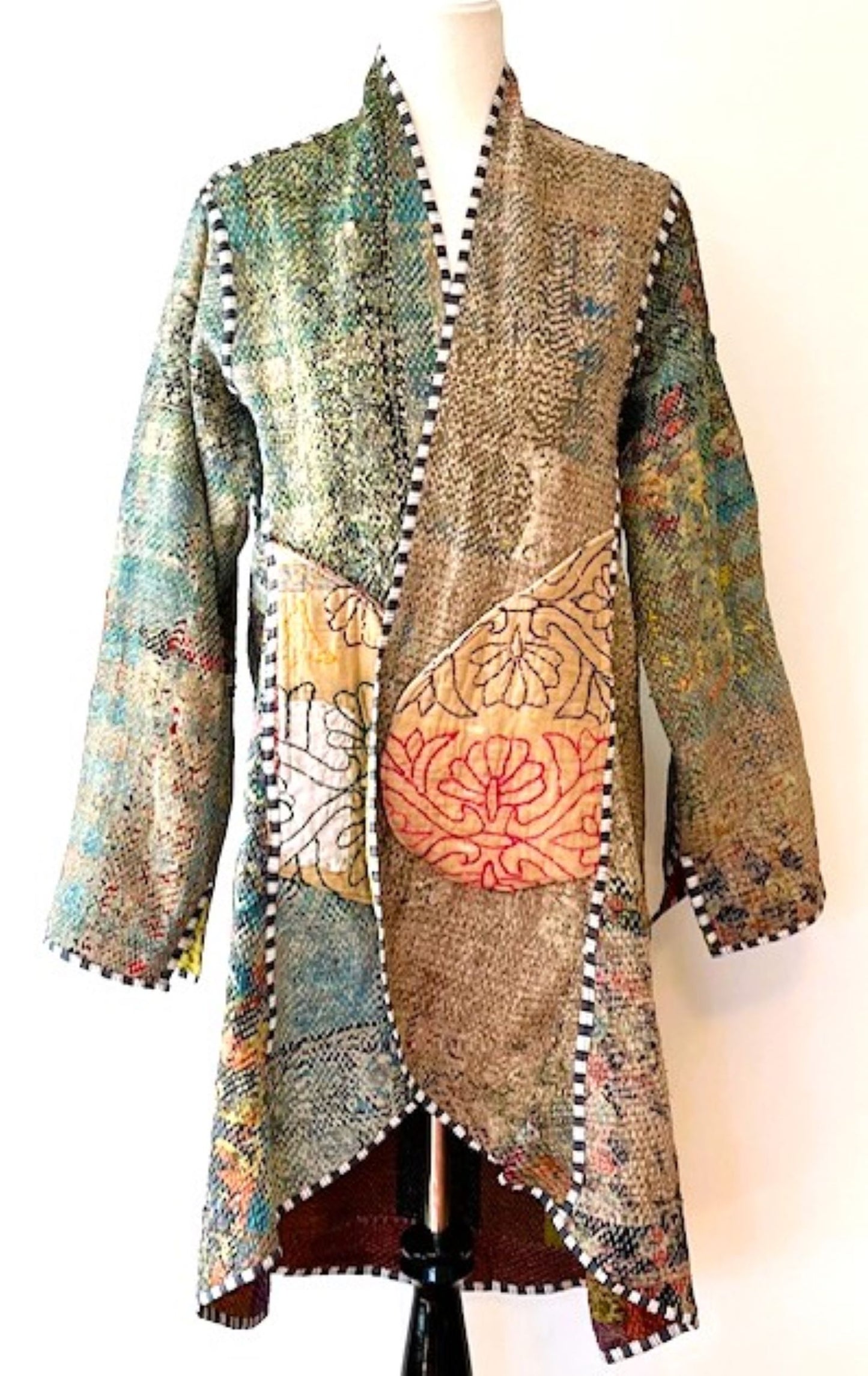 Specialty Collection: Mid Length Designer Jacket Is New and Fully Reversible. Kantha Stitching In Bold Stripes