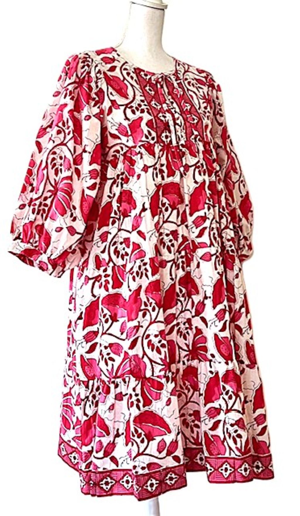 Beautiful Fresh Floral Block Print Cotton Short Dress (Pink)