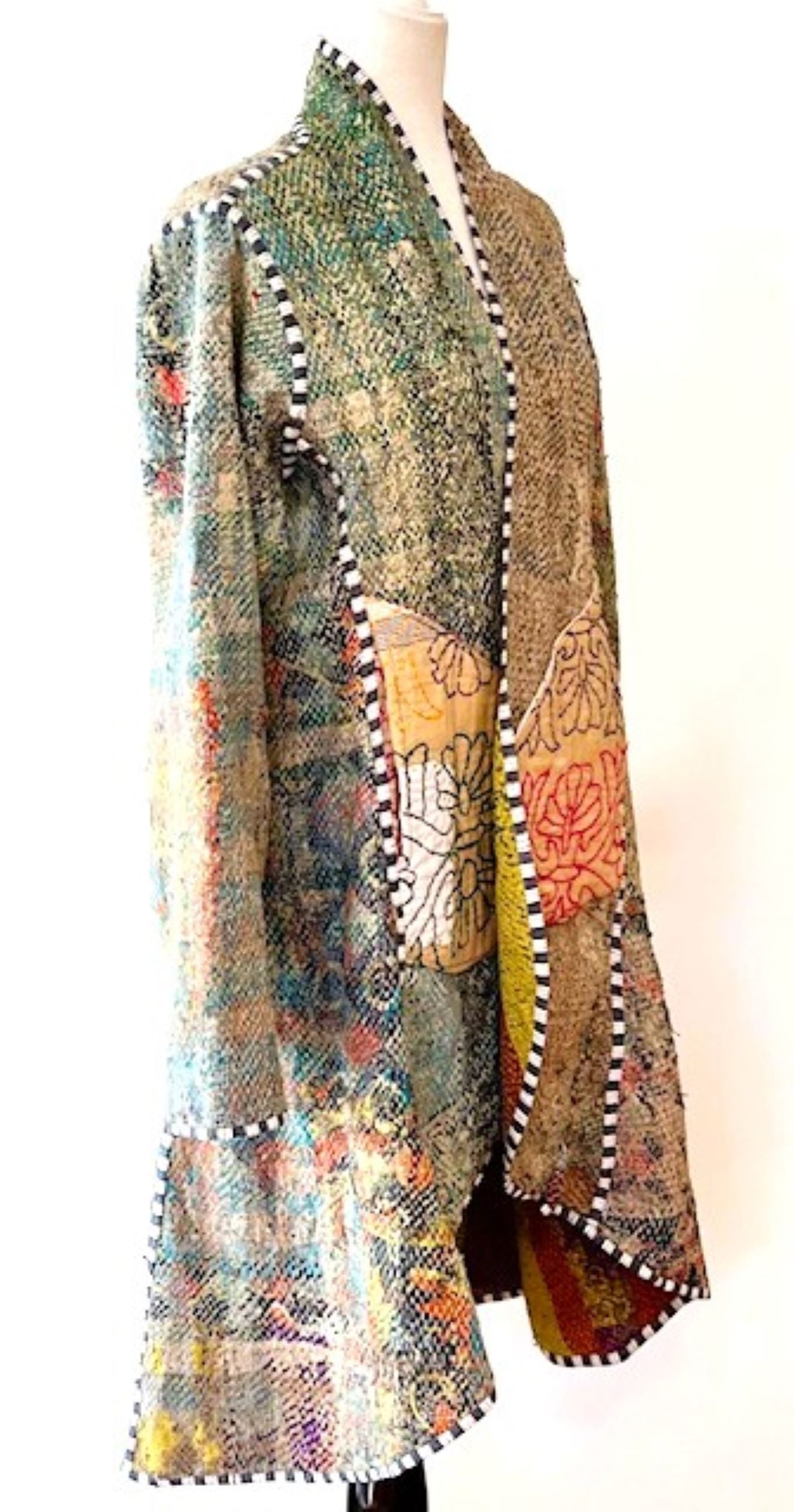 Specialty Collection: Mid Length Designer Jacket Is New and Fully Reversible. Kantha Stitching In Bold Stripes