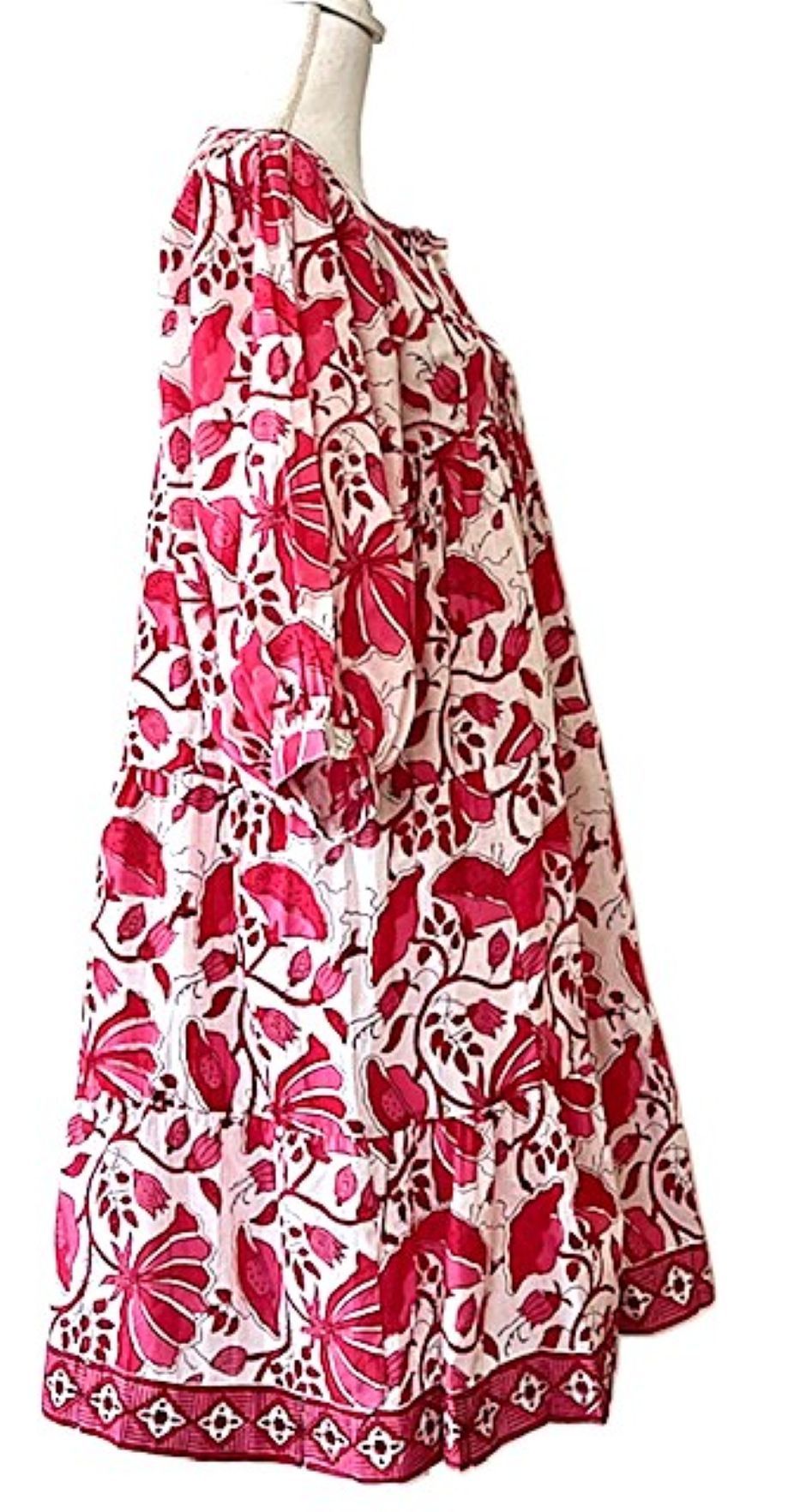 Beautiful Fresh Floral Block Print Cotton Short Dress (Pink)