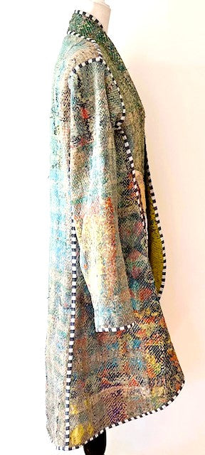 Specialty Collection: Mid Length Designer Jacket Is New and Fully Reversible. Kantha Stitching In Bold Stripes