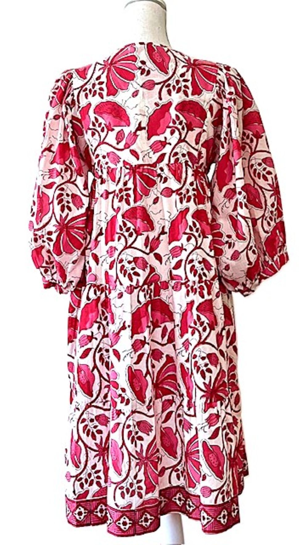 Beautiful Fresh Floral Block Print Cotton Short Dress (Pink)