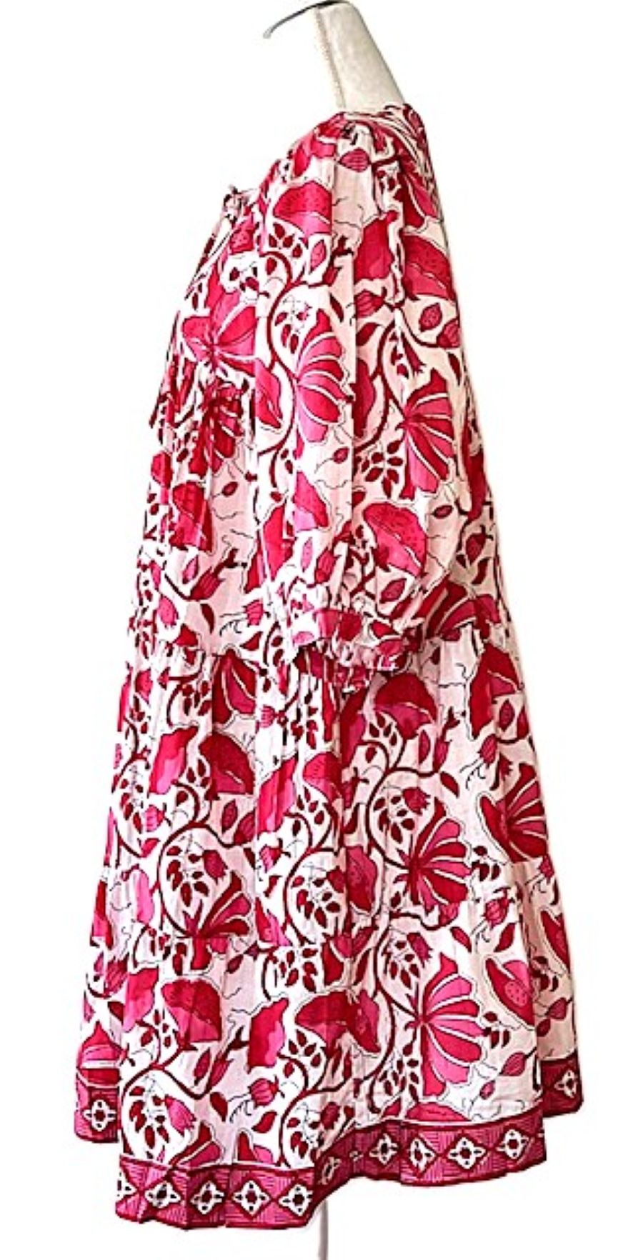 Beautiful Fresh Floral Block Print Cotton Short Dress (Pink)