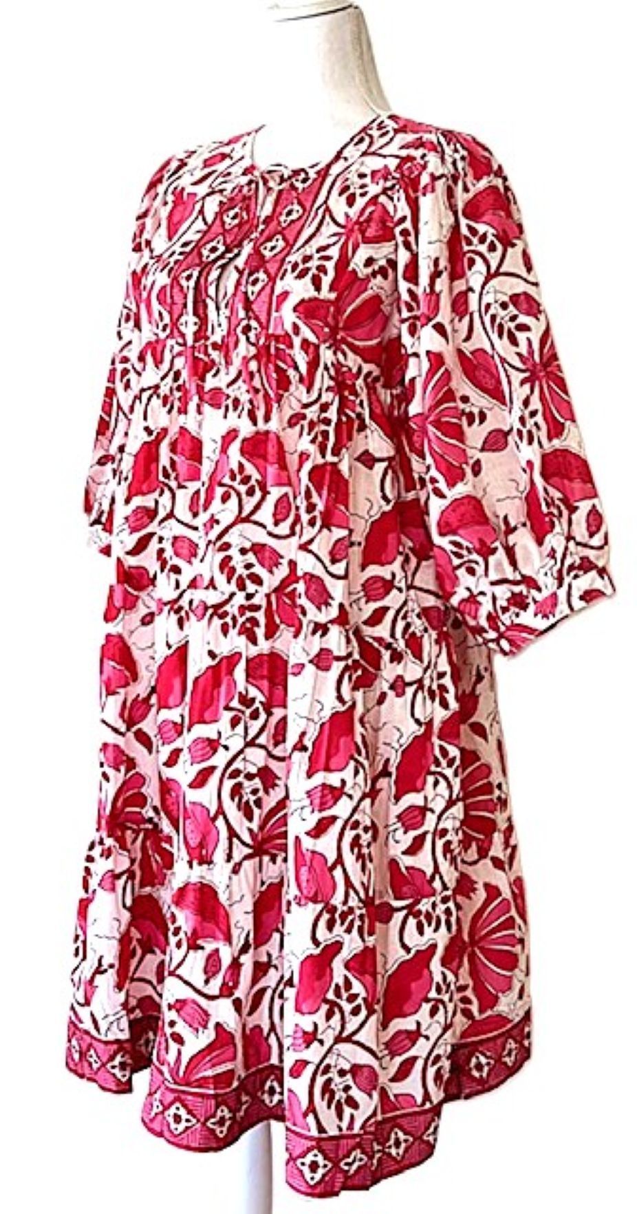 Beautiful Fresh Floral Block Print Cotton Short Dress (Pink)
