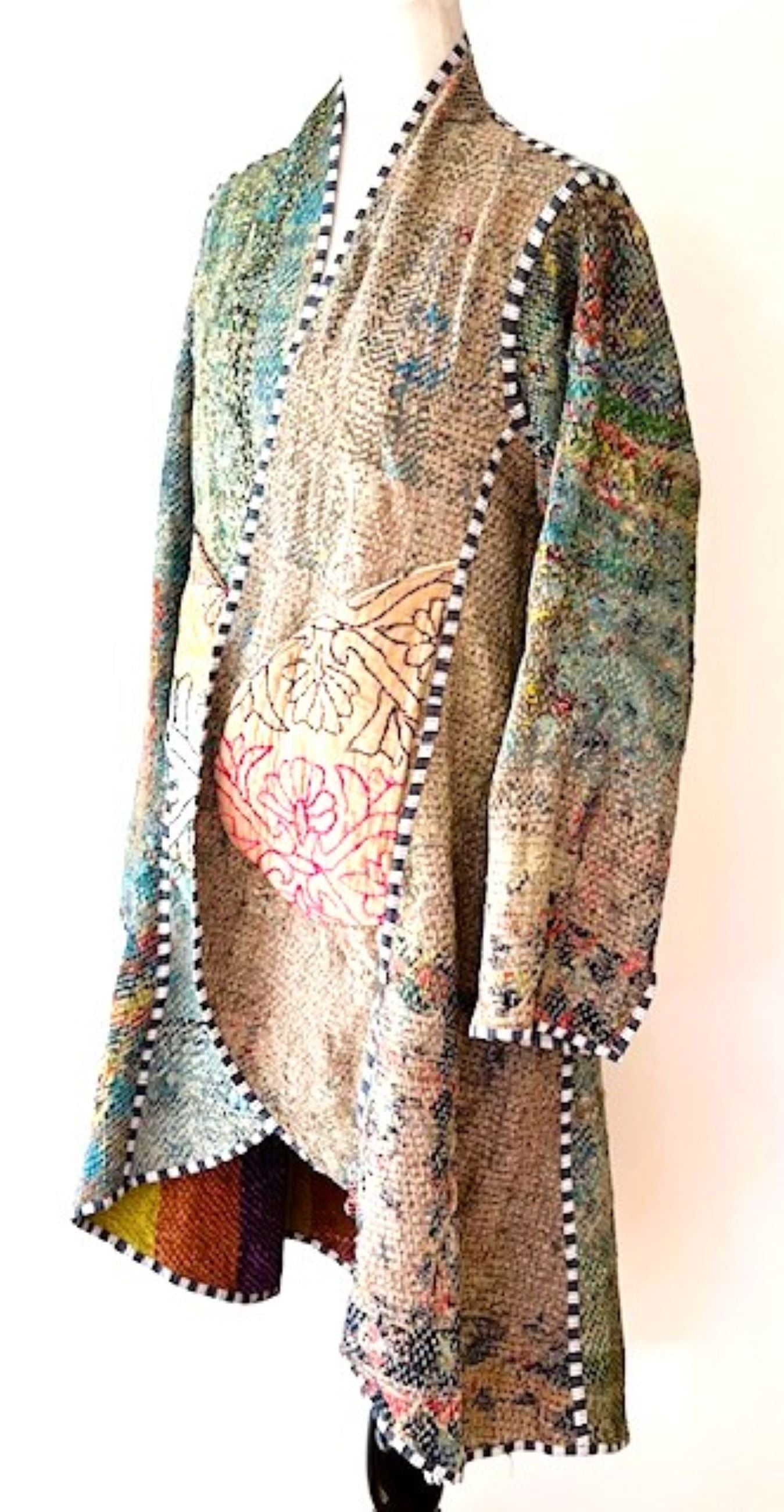 Specialty Collection: Mid Length Designer Jacket Is New and Fully Reversible. Kantha Stitching In Bold Stripes
