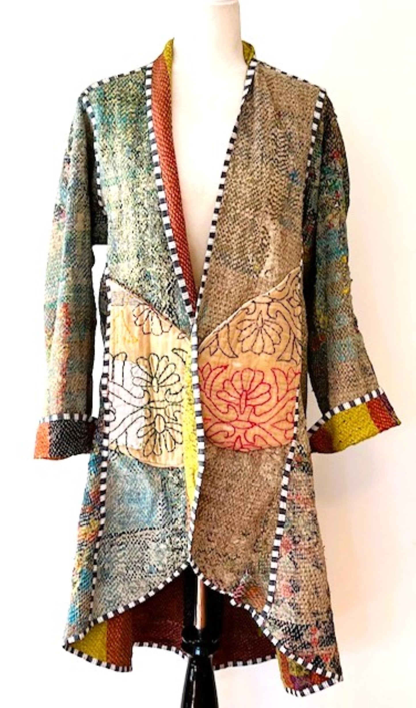Specialty Collection: Mid Length Designer Jacket Is New and Fully Reversible. Kantha Stitching In Bold Stripes
