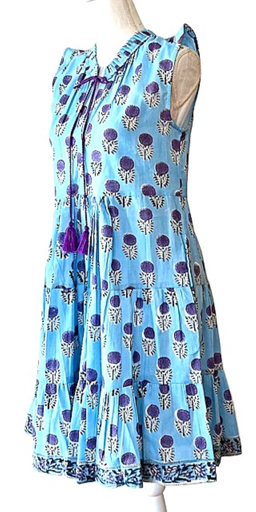 Tiered Sleeveless Hand Printed Short Dress (Aqua Print )